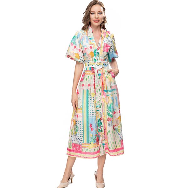 women's runway dresses v neck short sleeves printed single breasted high street vestidos with belt, Black
women's runway dresses v neck short sleeves printed single breasted high street vestidos with belt, Black