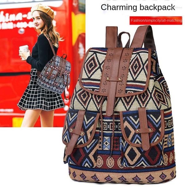 backpack style retro pattern canvas female bag fashion travel drawstring multifunctional student school