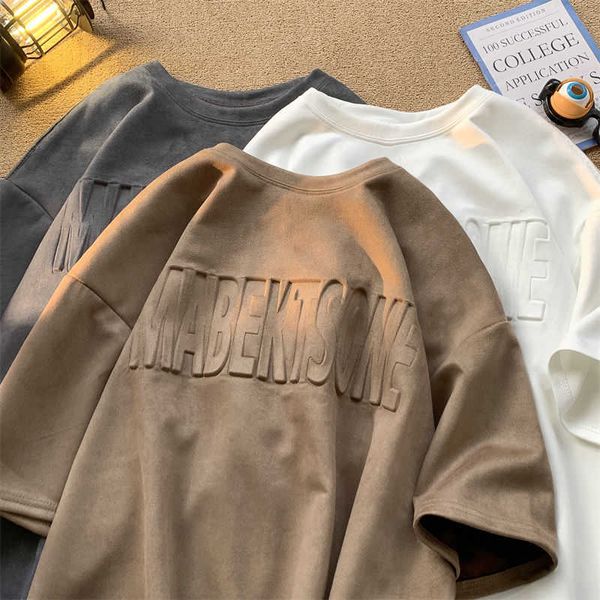 two geng american suede short sleeve t-shirt men's summer 3/4 sleeve oversize loose t-shirt, White;black
two geng american suede short sleeve t-shirt men's summer 3/4 sleeve oversize loose t-shirt, White;black