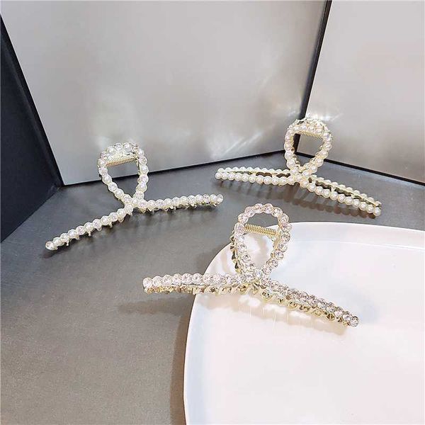 pink barrette korean extra large cross pearl rhinestone clasp clip back brain spoon hair clip shark clip girl hair accessories clip tide, Golden;silver