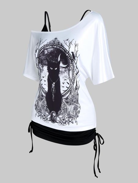 t-shirt gothic solid color cinched tank and mirror skew neck cat print t shirt two piece top, White
t-shirt gothic solid color cinched tank and mirror skew neck cat print t shirt two piece top, White