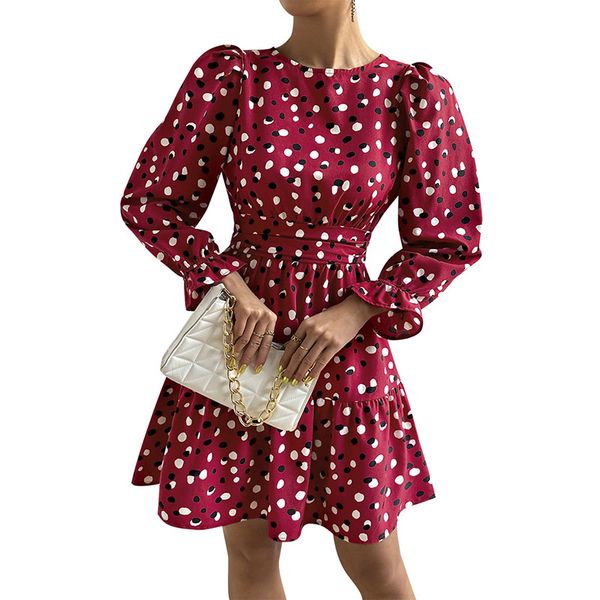crew neck a-line mini casual dress polyester pullover puff long sleeves ruches high waist loose colorful polka dots printed panelled ruffles, Black;gray
crew neck a-line mini casual dress polyester pullover puff long sleeves ruches high waist loose colorful polka dots printed panelled ruffles, Black;gray