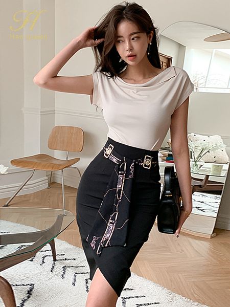 two piece dress h han queen women elegant fashion 2 pieces set simple tshirts irregular sheath pencil skirt korean suit 230422, White
two piece dress h han queen women elegant fashion 2 pieces set simple tshirts irregular sheath pencil skirt korean suit 230422, White