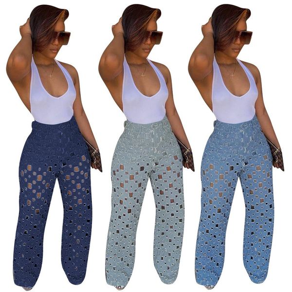 jeans hollow out ripped jeans woman 2022 loose denim pants high waist jean summer female wide leg pants trousers women jeans, Blue 
jeans hollow out ripped jeans woman 2022 loose denim pants high waist jean summer female wide leg pants trousers women jeans, Blue