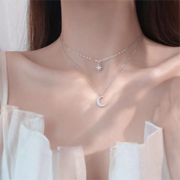 pendant necklaces star moon double layer necklace women's light luxury niche design sense fold wear collarbone chainnew tide, Silver
pendant necklaces star moon double layer necklace women's light luxury niche design sense fold wear collarbone chainnew tide, Silver