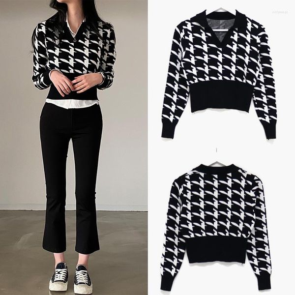 Women's Sweaters Houndstooth Plaid V-neck Sweater Top Women's Autumn And Winter All-match Short Slim Long-sleeved, Black
Women's Sweaters Houndstooth Plaid V-neck Sweater Top Women's Autumn And Winter All-match Short Slim Long-sleeved, Black