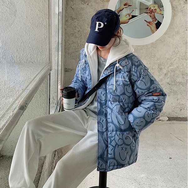 leather womens blue printing bread down jackets korean baggy fake two hooded coat warm female puffer cotton padded jacket outwear winter, Black 
leather womens blue printing bread down jackets korean baggy fake two hooded coat warm female puffer cotton padded jacket outwear winter, Black