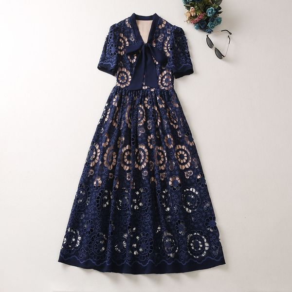 bow tie lace dress french v-neck short sleeved blue water soluble flower waistband mid length temperament dress for women, Black
bow tie lace dress french v-neck short sleeved blue water soluble flower waistband mid length temperament dress for women, Black