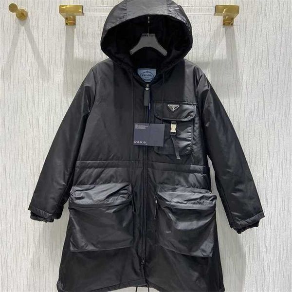 20% off family autumn/winter new classic regenerated nylon large pocket metal triangle warm hooded waist cotton coat, Black