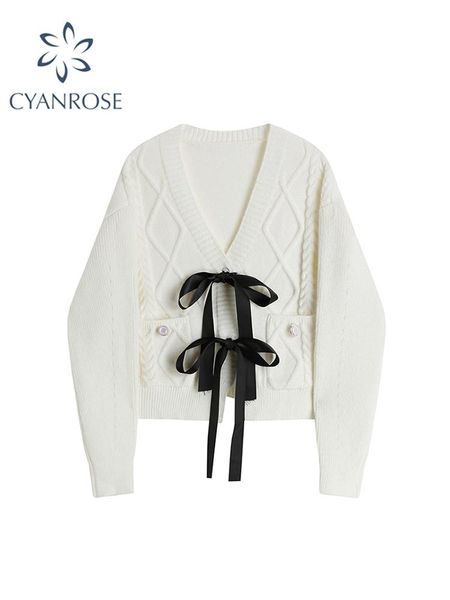 sweaters 2022 new spring autumn cardigan sweater women knitted fashion vneck loose lace up korean loog sleeve casual elegant bow, White;black
sweaters 2022 new spring autumn cardigan sweater women knitted fashion vneck loose lace up korean loog sleeve casual elegant bow, White;black