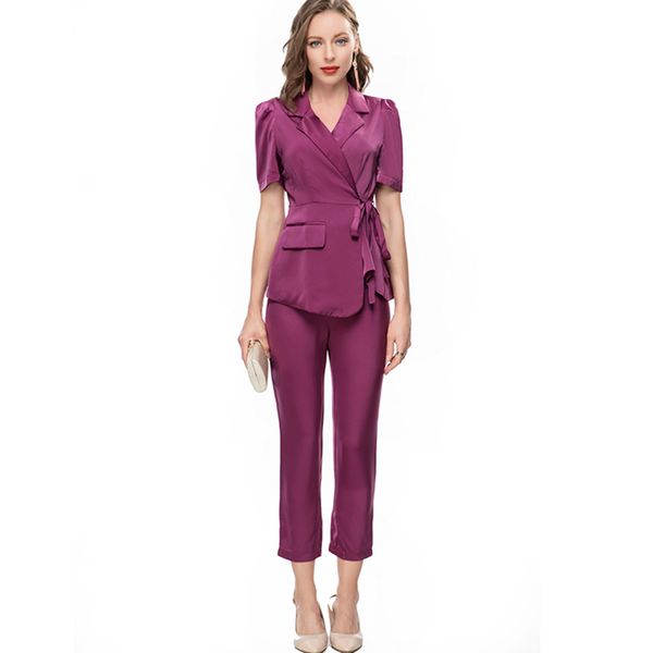 women's runway two piece pants notched collar short sleeves lace up blouse with ankle pant twinsets sets, White
women's runway two piece pants notched collar short sleeves lace up blouse with ankle pant twinsets sets, White