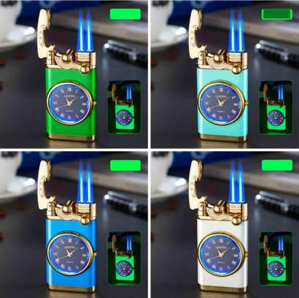 Image of Metal Jet Watch Lighter Single Double Fire Inflatable No Gas Windproof Cigar Butane Straight Led Lighters Luminous Smoking Tool Accessories
