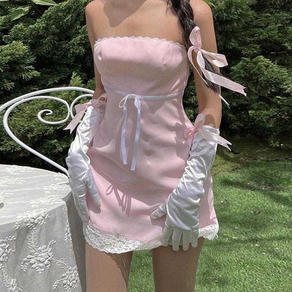 sweet bow lace strapless dress summer backless slim fit pink, Black;gray 
sweet bow lace strapless dress summer backless slim fit pink, Black;gray