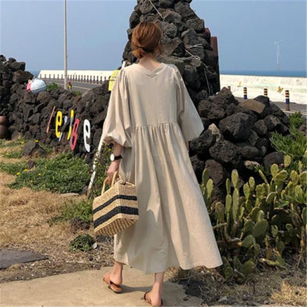 dresses johnature 2023 korean loose cotton linen lantern sleeve spring new dress women vneck csual solid color female dresses, Black;gray
dresses johnature 2023 korean loose cotton linen lantern sleeve spring new dress women vneck csual solid color female dresses, Black;gray