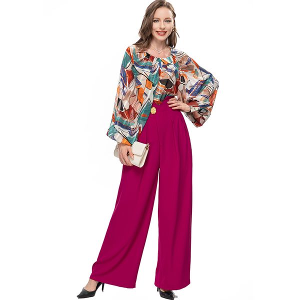 women's runway two piece pants o neck lantern sleeves printed blouse with wide leg long pant fashion twinset sets, White
women's runway two piece pants o neck lantern sleeves printed blouse with wide leg long pant fashion twinset sets, White