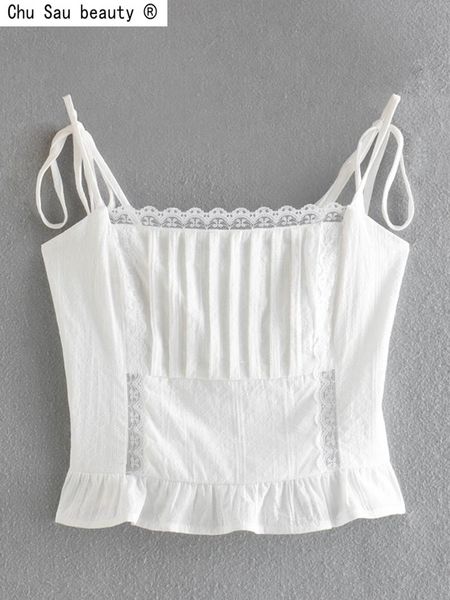 t-shirt french vintage 2022 summer new fashion slim camisole lace stitching pleated solid color laceup crop for women, White
t-shirt french vintage 2022 summer new fashion slim camisole lace stitching pleated solid color laceup crop for women, White