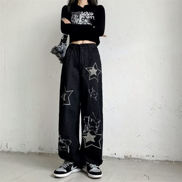 women's jeans high waist black printed fivepointed star jean's american trend loose straight wide leg raw edge mop pants 2023 2304, Blue
women's jeans high waist black printed fivepointed star jean's american trend loose straight wide leg raw edge mop pants 2023 2304, Blue