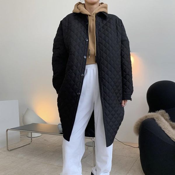 leather winter women's casual solid color lapel longsleeved loose long cotton jacket, Black
leather winter women's casual solid color lapel longsleeved loose long cotton jacket, Black