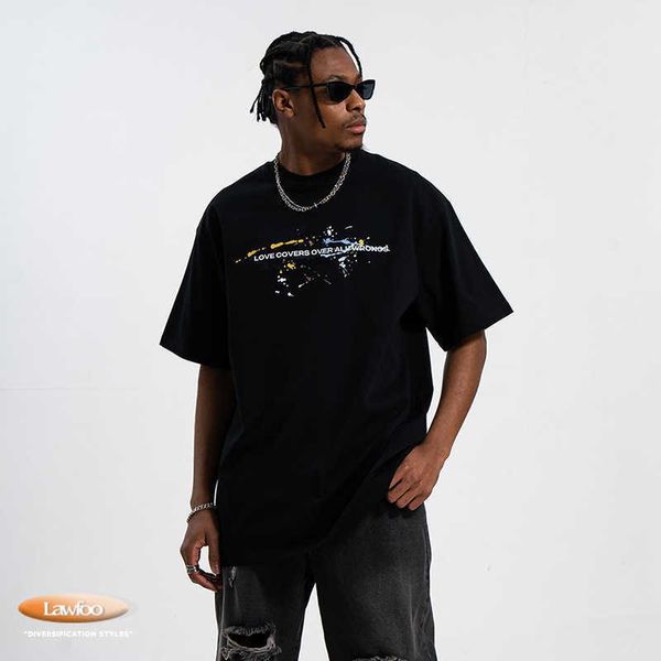 men and women t-shirtslawfoo spring/summer china-chic brand american speckle english print double yarn off shoulder loose edition couple t-s, White;black
men and women t-shirtslawfoo spring/summer china-chic brand american speckle english print double yarn off shoulder loose edition couple t-s, White;black