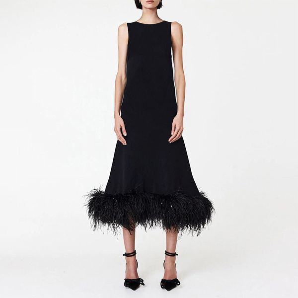 design sense dress solid 2023 new round neck sleeveless loose relaxed hem feather long dress, Black;gray
design sense dress solid 2023 new round neck sleeveless loose relaxed hem feather long dress, Black;gray