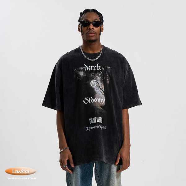 men and women t-shirtslawfoo china-chic brand american wash scenery gothic print loose fit couple t-shirt fashion, White;black
men and women t-shirtslawfoo china-chic brand american wash scenery gothic print loose fit couple t-shirt fashion, White;black
