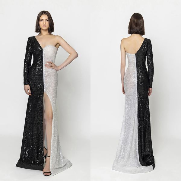 black and white sequins evening dress one-shoulder side split party events special occasion dresses, Black;red
black and white sequins evening dress one-shoulder side split party events special occasion dresses, Black;red