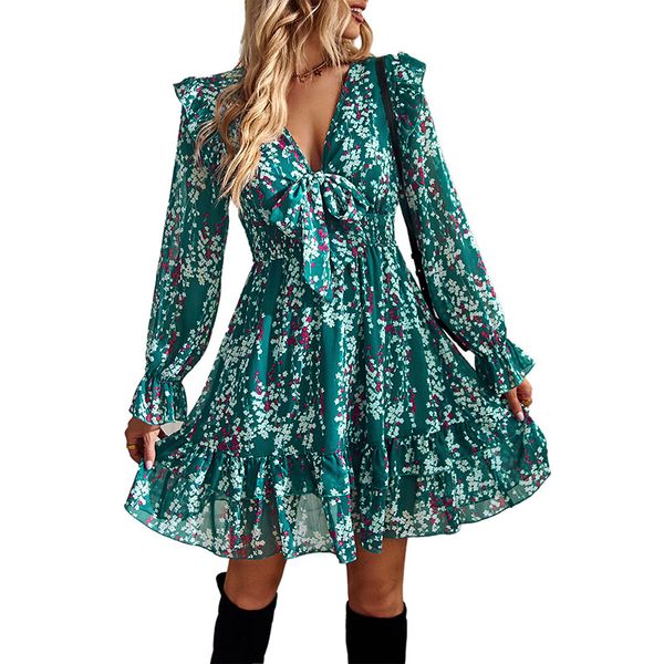 v neck a-line mini casual dress pullover long flutter sleeves bow sashes chest high waist loose floral printed panelled tiered ruffles sprin, Black;gray
v neck a-line mini casual dress pullover long flutter sleeves bow sashes chest high waist loose floral printed panelled tiered ruffles sprin, Black;gray