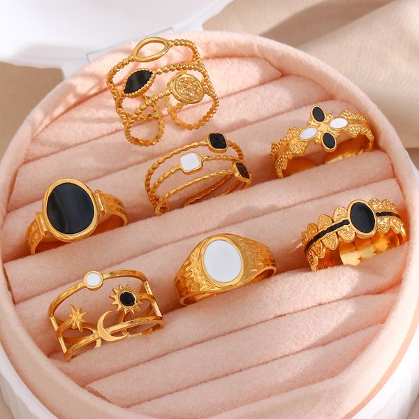 cluster rings stainless steel pvd plating enamel black white open size gold flower hollow moon star adjustable for women 230424, Golden;silver
cluster rings stainless steel pvd plating enamel black white open size gold flower hollow moon star adjustable for women 230424, Golden;silver