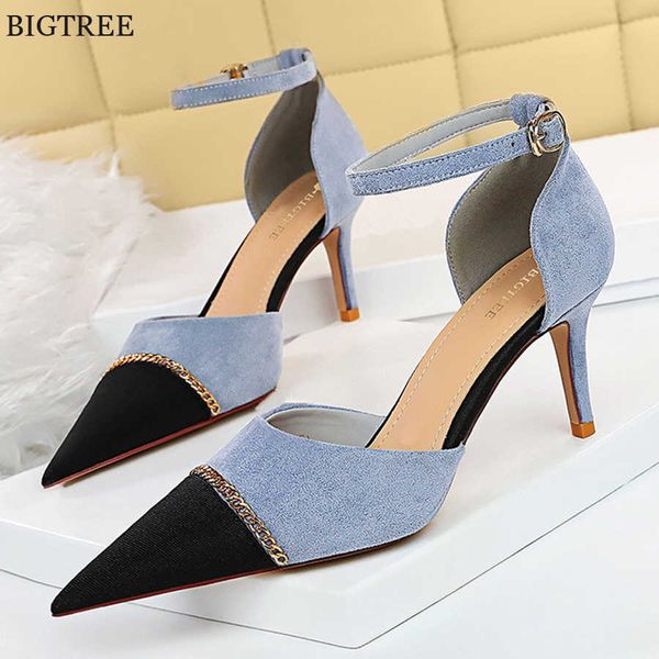 2022 korean ankle buckle women sandals suede spell colors high heels pumps female pointed metal chain fashion dress party shoes 230424, Black
2022 korean ankle buckle women sandals suede spell colors high heels pumps female pointed metal chain fashion dress party shoes 230424, Black