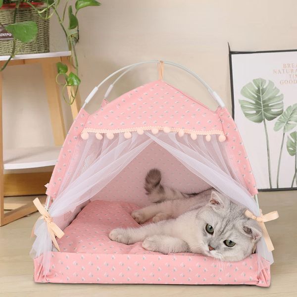 

Pet Teepee Tent Castle Bed, Removable Dog House with Cushion, Indoor Outdoor Playing Sleeping Tent Bed Cave Nest with Mattress Modern Mini Cats Soft Bed Removable House