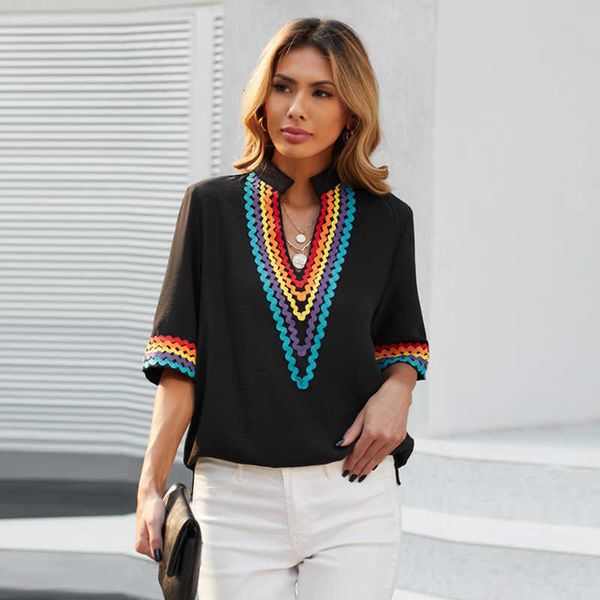 women's shiying shirt summer new neckline ethnic style embroidery decoration deep v-neck chiffon, White
women's shiying shirt summer new neckline ethnic style embroidery decoration deep v-neck chiffon, White