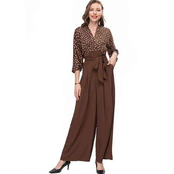 women's runway jumpsuits& rompers v neck 3/4 sleeves dots printed patchwork lace up belt wide leg fashion designer pant, Black;white
women's runway jumpsuits& rompers v neck 3/4 sleeves dots printed patchwork lace up belt wide leg fashion designer pant, Black;white