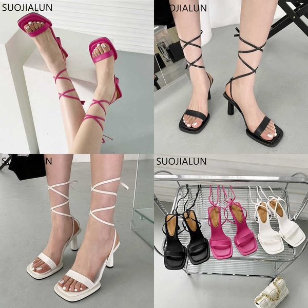 

sandals summer new narrow band women sandal square toe ladies outdoor ankle cross-tied lace up gladiator shoes high heel pumps 230316, Black