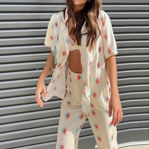 women s two piece pants chic fashion print set women leisure button up short sleeve t shirt blouse high waist loose pant vintage streetwear, White
women s two piece pants chic fashion print set women leisure button up short sleeve t shirt blouse high waist loose pant vintage streetwear, White
