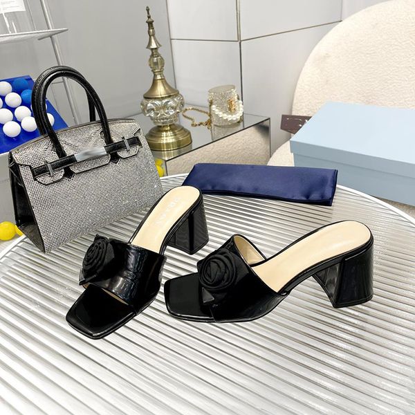 designer womens sandals thick heel 7.5cm slippers solid color patent leather rose five gold triangle logo dress shoes party dress shoe mule, Black
designer womens sandals thick heel 7.5cm slippers solid color patent leather rose five gold triangle logo dress shoes party dress shoe mule, Black