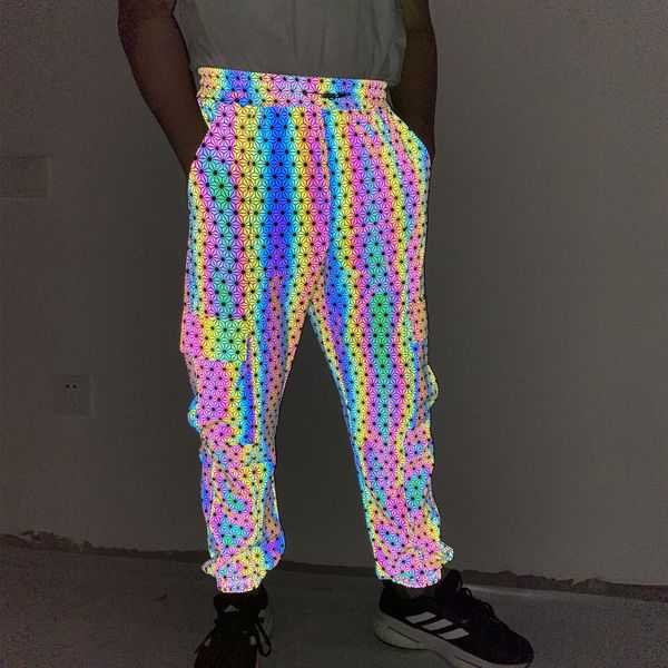 men's pants functional style geometric pattern dazzling reflective overalls men's knitted breathable casual loose small foot pants, Black
men's pants functional style geometric pattern dazzling reflective overalls men's knitted breathable casual loose small foot pants, Black