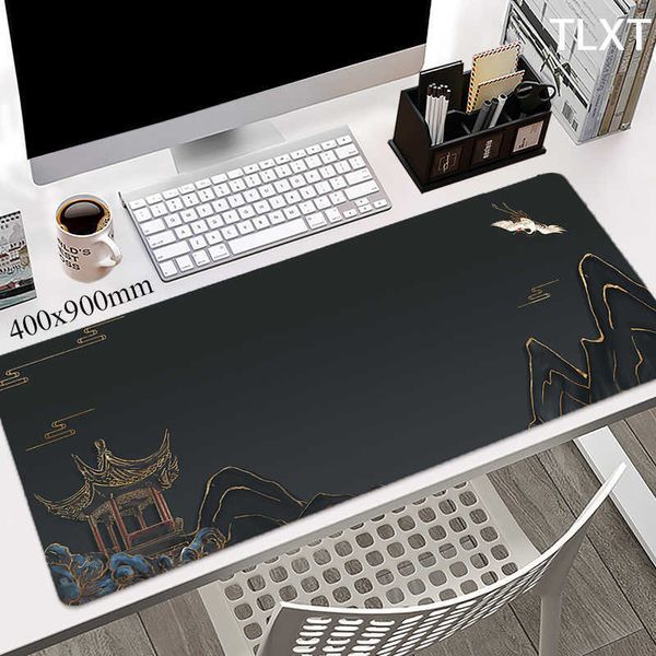 Image of Mouse Pads Wrist Rests Locking Edge Mouse Mats Large Chinese Art Style Mouse Pad Waterproof Mousepads Mousepad Desk Pads 900x400 Keyboard Mat Black Rug J230422