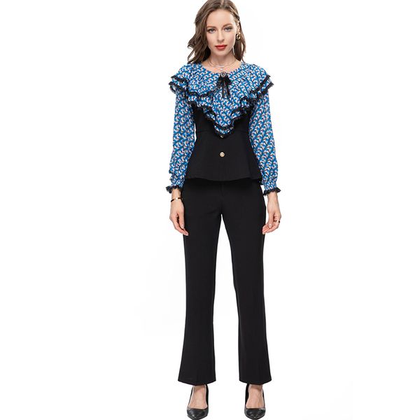 women's runway two piece pants o neck long sleeves ruffles printed blouse with pencil pant fashion twinset sets, White
women's runway two piece pants o neck long sleeves ruffles printed blouse with pencil pant fashion twinset sets, White