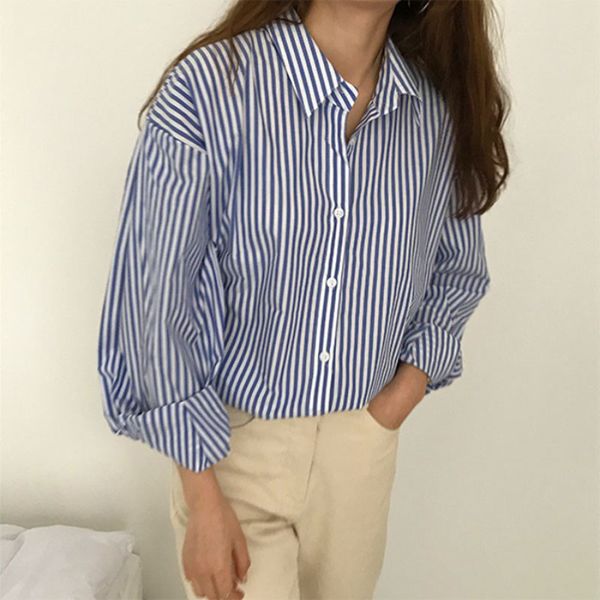 women's blouses shirts spring casual all match loose turn down collar striped full shirt blouse women z031 230424, White 
women's blouses shirts spring casual all match loose turn down collar striped full shirt blouse women z031 230424, White