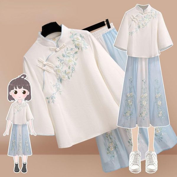 dress summer hanfu women flower embroidery short sleeve shirt skirt set cheongsam improved chinese style girl chiffon vintage suit, White
dress summer hanfu women flower embroidery short sleeve shirt skirt set cheongsam improved chinese style girl chiffon vintage suit, White