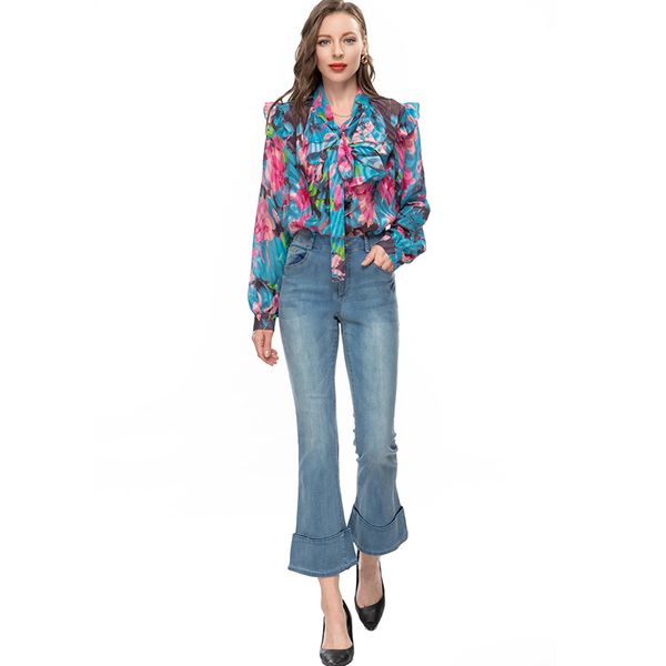 women's runway two piece pants long sleeves lace up printed shirt with denim pant fashion twinset sets, White
women's runway two piece pants long sleeves lace up printed shirt with denim pant fashion twinset sets, White