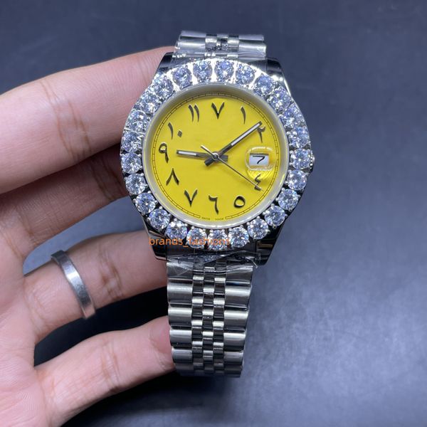 men's automatic mechanical watch yellow large dial 43mm prong set diamond wrist watch silver stainless steel watches life waterproof, Slivery;brown
men's automatic mechanical watch yellow large dial 43mm prong set diamond wrist watch silver stainless steel watches life waterproof, Slivery;brown