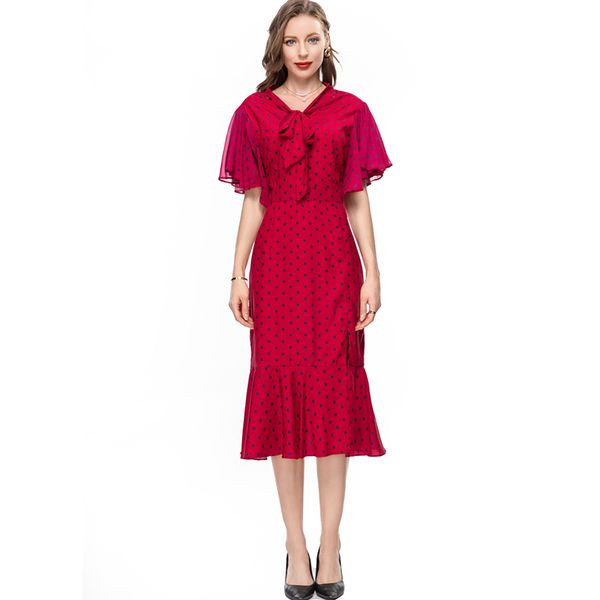 women's runway dresses lace up collar short sleeves dots printed ruffles designer high street mid vestidos, Black
women's runway dresses lace up collar short sleeves dots printed ruffles designer high street mid vestidos, Black