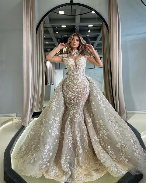 gorgeous mermaid wedding dresses with overskirts pearls appliques lace wedding dress highg collar illusion long sleeves luxury bridal gowns, White
gorgeous mermaid wedding dresses with overskirts pearls appliques lace wedding dress highg collar illusion long sleeves luxury bridal gowns, White