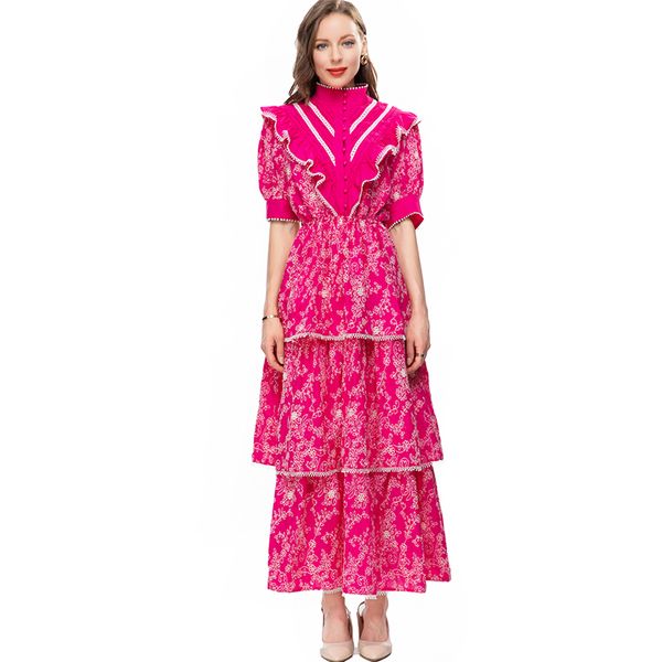 women's runway dresses stand collar short sleeves printed tiered ruffles piping fashion elegant lolita vestidos, Black
women's runway dresses stand collar short sleeves printed tiered ruffles piping fashion elegant lolita vestidos, Black