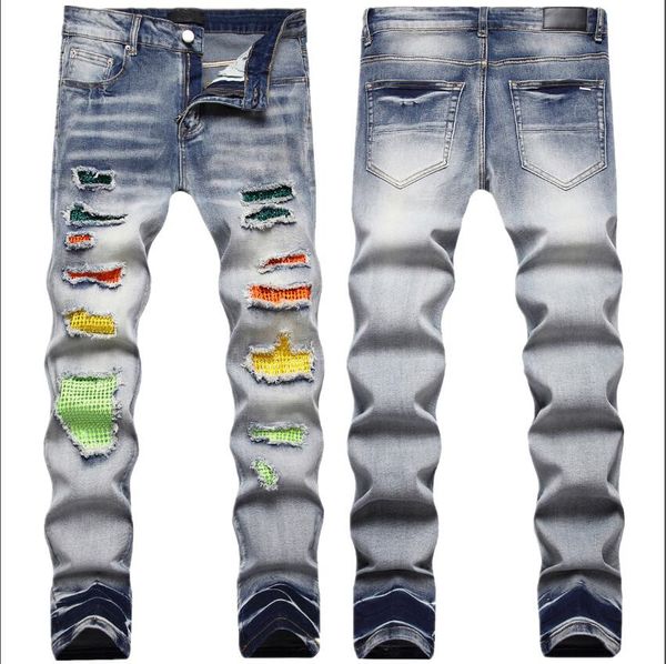 men's jeans 2023 star leather stitching ripped jean brand patchwork men fall america hip hop denim pant streetwear tights, Blue
men's jeans 2023 star leather stitching ripped jean brand patchwork men fall america hip hop denim pant streetwear tights, Blue