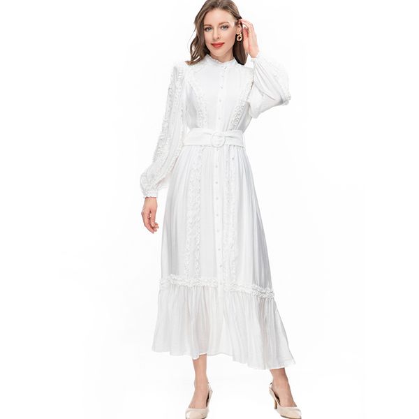 women's runway dresses o neck ruffles long sleeves elegant fashion white vestidos with belt, Black
women's runway dresses o neck ruffles long sleeves elegant fashion white vestidos with belt, Black