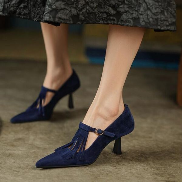 tassel fringe high heeled shoes women pointed toe buckle spring lady mary jane shoes suede leather, Black
tassel fringe high heeled shoes women pointed toe buckle spring lady mary jane shoes suede leather, Black