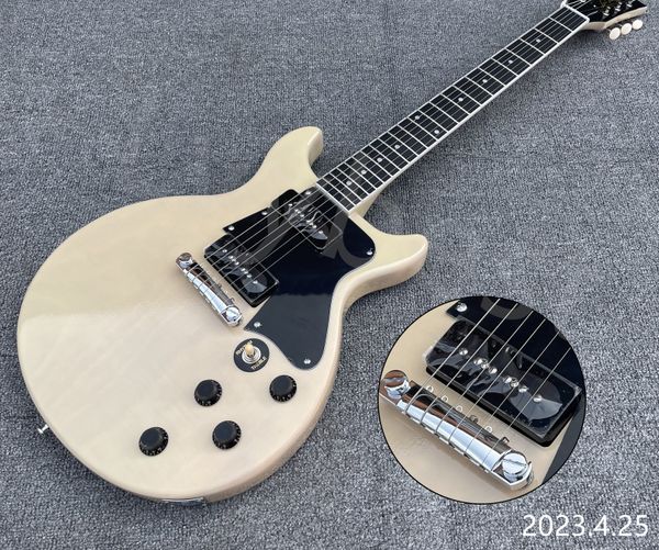 electric guitar cream see thru wood grain ebony fingerboard dots inlay single white binding around fingerboard black pickguard p90 pickups
electric guitar cream see thru wood grain ebony fingerboard dots inlay single white binding around fingerboard black pickguard p90 pickups