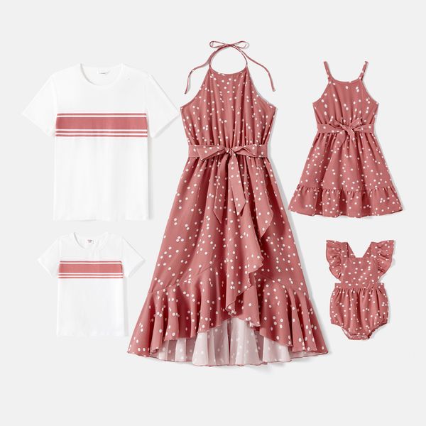 family matching outfits patpat cotton shortsleeve striped tshirts and polka dot print halter ruffle trim dresses sets 230424, Blue
family matching outfits patpat cotton shortsleeve striped tshirts and polka dot print halter ruffle trim dresses sets 230424, Blue